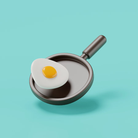 3d render of a fried egg on a frying pan isolated on green.の写真素材