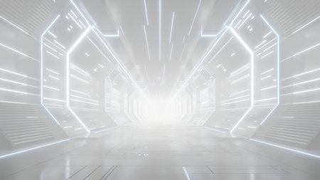 3d rendering of white abstract sci-fi tunnel, Futuristic spaceship corridor.の写真素材