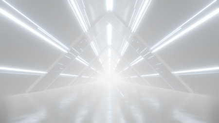 3d rendering of white abstract sci-fi tunnel, Futuristic triangle spaceship corridor.の写真素材