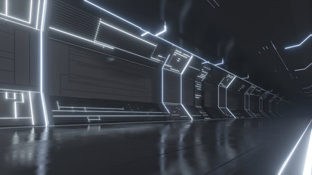3d rendering of dark abstract sci-fi tunnel, Futuristic spaceship corridor.の写真素材