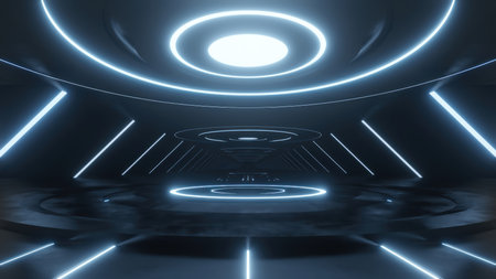 3d rendering of dark abstract sci-fi tunnel, Futuristic spaceship corridor.の写真素材