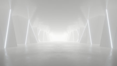 3d rendering of white abstract sci-fi tunnel, Futuristic spaceship corridor.の写真素材