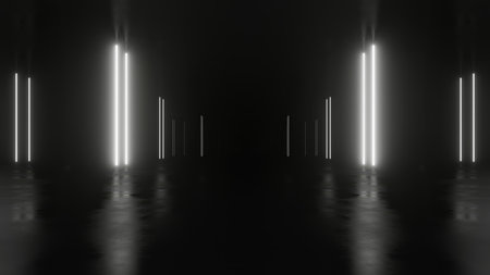 3d rendering of dark abstract sci-fi tunnel with neon light, Futuristic spaceship corridor.の写真素材