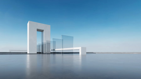 3d render of abstract futuristic glass architecture with empty concrete floor.の写真素材