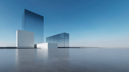 3d render of abstract futuristic glass architecture with empty concrete floor.の写真素材