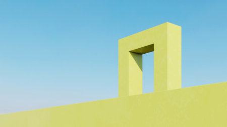 Abstract of yellow surreal architecture, minimal architectural on blue sky background. 3d rendering.の写真素材