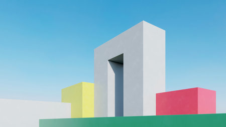 Abstract of yellow surreal architecture, minimal architectural on blue sky background. 3d rendering.の写真素材