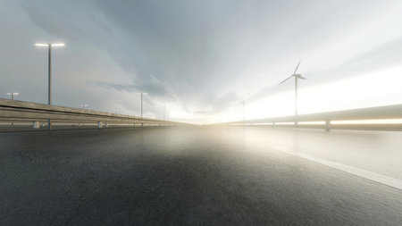 View of traffic on the highway with empty asphalt road and wind turbines, 3d rendering.の写真素材