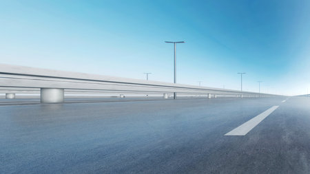 View of traffic on the highway with empty asphalt road, 3d rendering.の写真素材