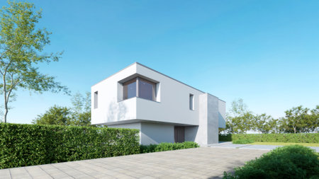 3d rendering of modern luxury white house with garage entrance and concrete floor.の写真素材