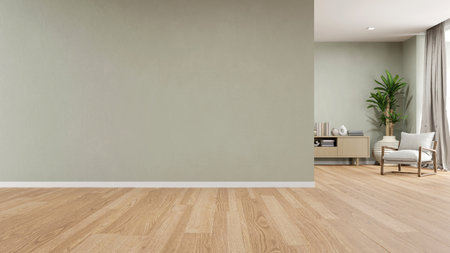 3d rendering of room with wooden floor and large empty concrete wall.の写真素材