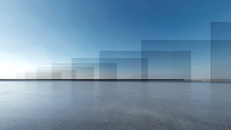 3d render of abstract futuristic glass architecture with empty concrete floor.の写真素材