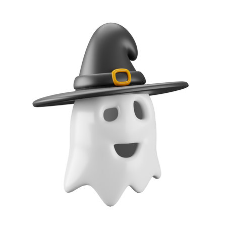 3d icon of halloween witch hat on spooky ghost.の写真素材