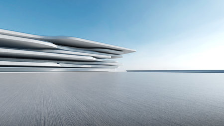 3d render of abstract futuristic architecture with empty concrete floor. Scene for car presentation.の写真素材