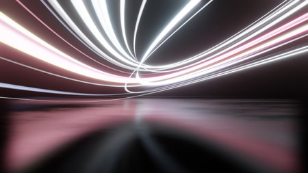 abstract futuristic neon background with running glowing ascending lines, Vibrant light trail