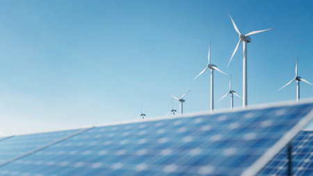 3d rendered of wind turbine and solar panels, renewable sustainable energy conceptの写真素材
