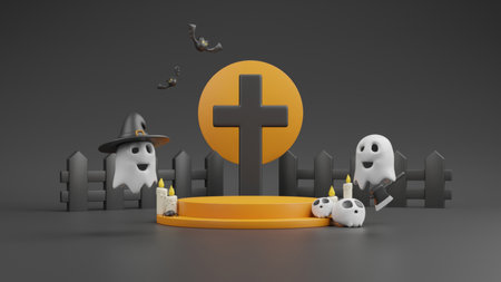 3d rendering of Halloween ghost floating over the orange round podium on dark backgroundの写真素材