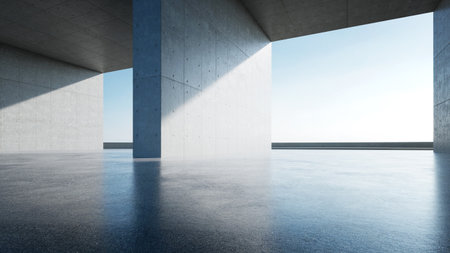 3d render of abstract modern concrete architecture with empty cement floor, minimal exterior, car...