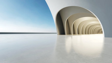 3d render of abstract wavy structure, futuristic architecture with empty concrete floorの写真素材