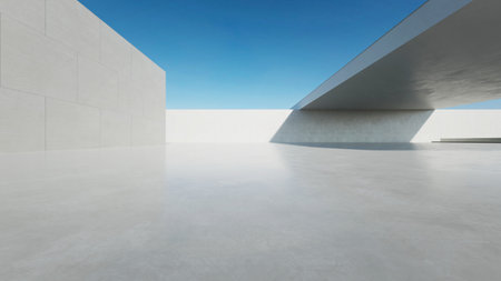 3d render of abstract modern concrete architecture with empty cement floor, minimal exterior, car presentation backgroundの写真素材