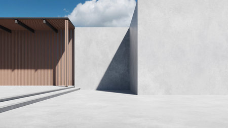 3d rendering of modern building entrance with large white wall. Minimal architectureの写真素材