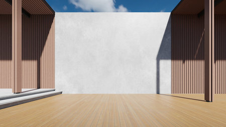 3d rendering of modern building entrance with large white wall. Minimal architectureの写真素材