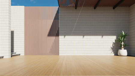 Modern building exterior, curve architecture with large brick wall. concrete floor, 3d renderingの写真素材