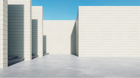 Modern building exterior, curve architecture with large brick wall. concrete floor, 3d renderingの写真素材