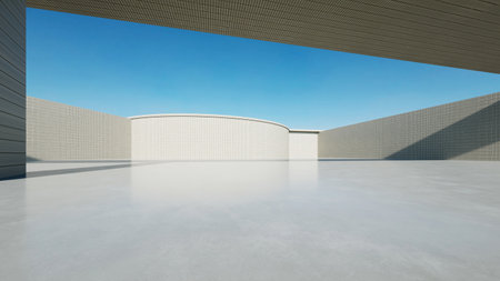 3d render of abstract modern concrete white architecture with empty cement floor, minimal exterior, car presentation backgroundの写真素材