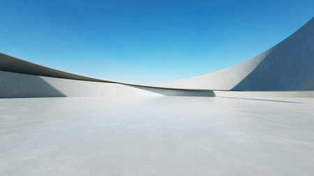 3d render of white futuristic architecture, abstract wavy structure with empty concrete floorの写真素材