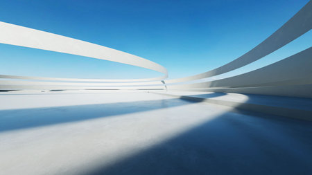 3d render of white futuristic architecture, abstract wavy structure with empty concrete floorの写真素材