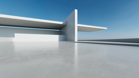 3d render of abstract modern white  concrete architecture with empty cement floor, minimal exterior, car presentation backgroundの写真素材