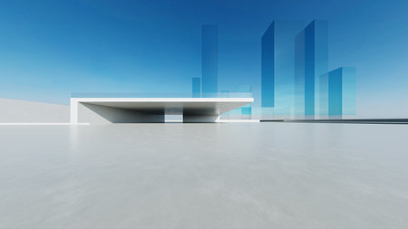 3d render of abstract futuristic glass architecture with empty concrete floorの写真素材