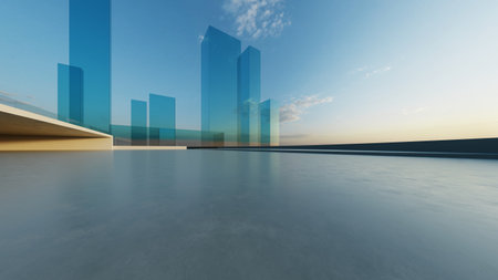 3d render of abstract futuristic glass architecture with empty concrete floorの写真素材