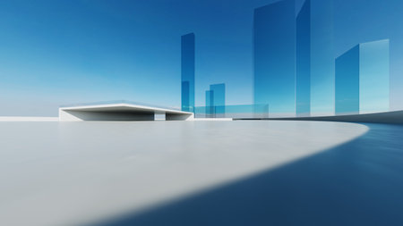 3d render of abstract futuristic glass architecture with empty concrete floorの写真素材