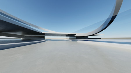3d render of abstract modern concrete architecture with empty cement floor, minimal exterior, car presentation backgroundの写真素材