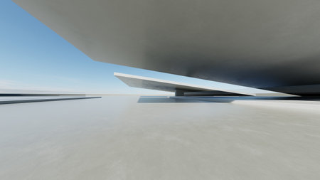3d render of abstract modern concrete architecture with empty cement floor, minimal exterior, car presentation backgroundの写真素材