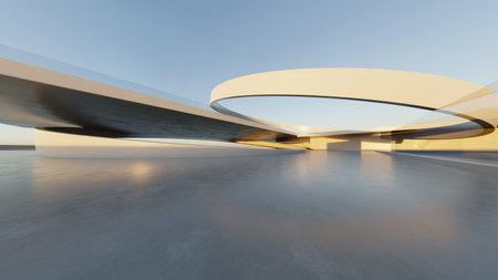 3d render of abstract modern concrete architecture with empty cement floor, minimal exterior, car presentation backgroundの写真素材