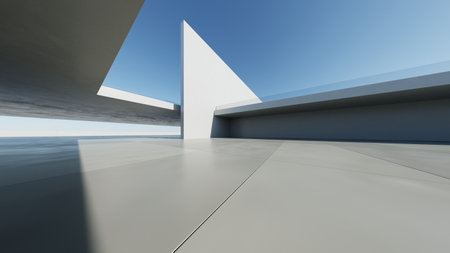 3d render of abstract modern concrete architecture with empty cement floor, minimal exterior, car presentation backgroundの写真素材