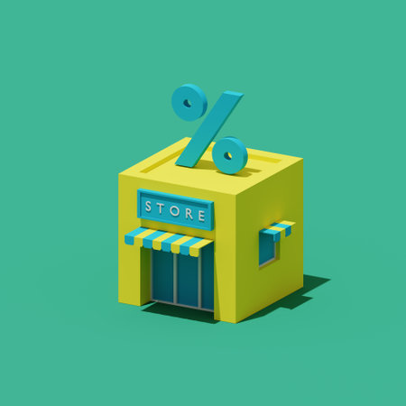 3d Isometric illustration of a minimal box store isolated on green background