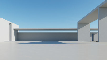 3d render of abstract modern architecture with empty cement floor, minimal exterior, car presentation backgroundの写真素材