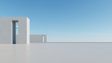 3d render of abstract modern architecture with empty cement floor, minimal exterior, car presentation backgroundの写真素材