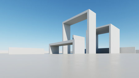 3d render of abstract modern architecture with empty cement floor, minimal exterior, car presentation backgroundの写真素材