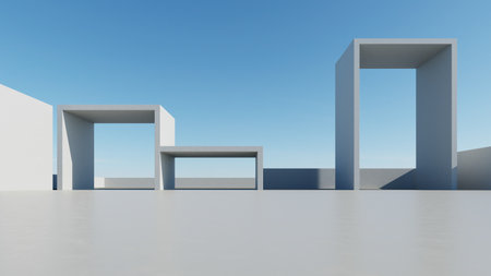 3d render of abstract modern architecture with empty cement floor, minimal exterior, car presentation backgroundの写真素材