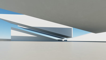 3d render of abstract modern architecture with empty cement floor, minimal exterior, car presentation backgroundの写真素材