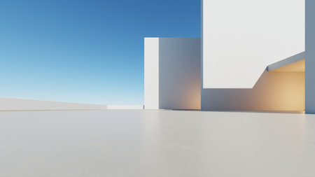 3d render of abstract modern architecture with empty cement floor, minimal exterior, car presentation backgroundの写真素材