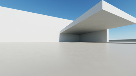 3d render of abstract modern architecture with empty cement floor, minimal exterior, car presentation backgroundの写真素材