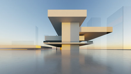 3d render of abstract modern architecture with empty cement floor, minimal exterior, car presentation backgroundの写真素材