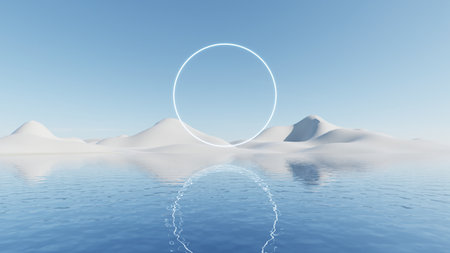 3d illustration of abstract minimal geometry background, geometric architectural design on water surfaceの写真素材