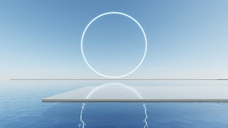 3d illustration of abstract minimal geometry background, geometric architectural with glass design on water surfaceの写真素材